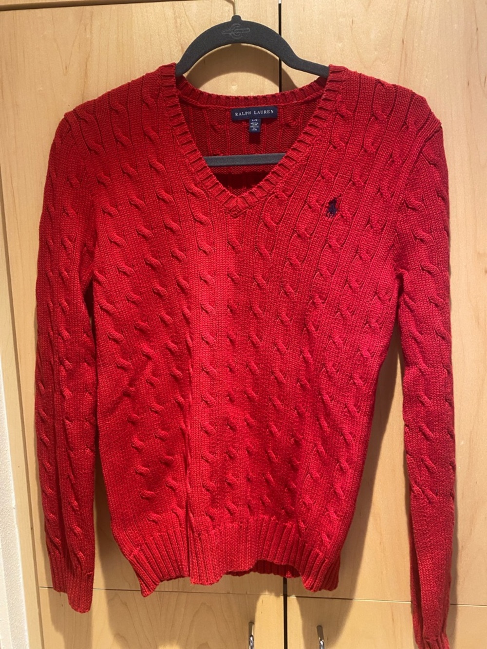 Ralph Lauren Women's Bright Red Cable-Knit V-Neck Sweater